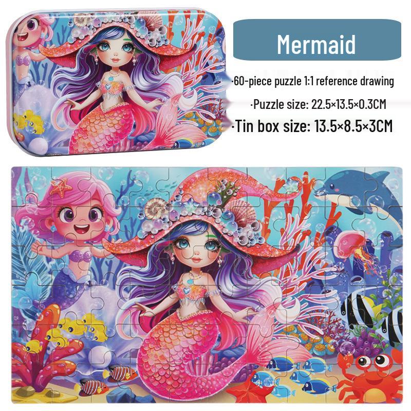 60-Piece Children's Wooden Cartoon Jigsaw Puzzle in Tin Box for Early Education