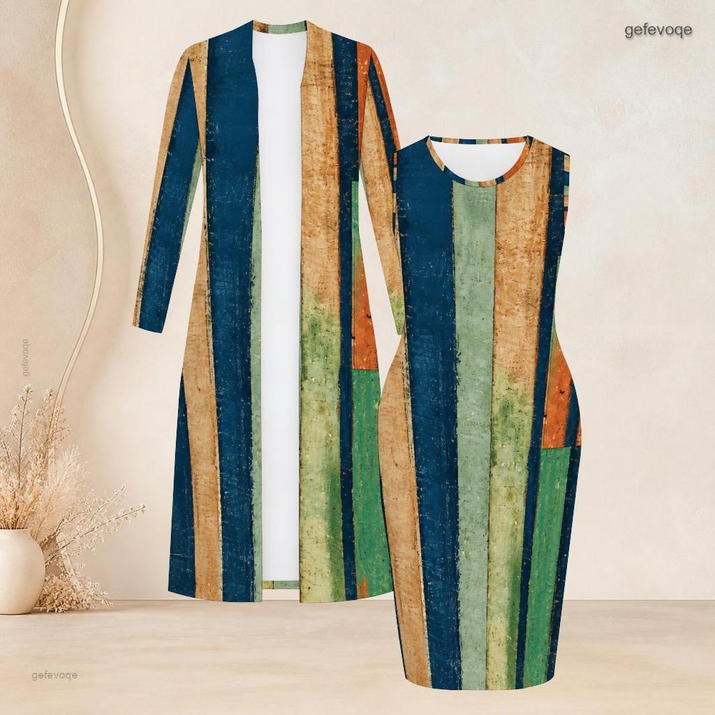 Women Plus Size Two Piece Set Sleeveless Bodycon Dress Long Sleeve Open Front Printed Cardigan