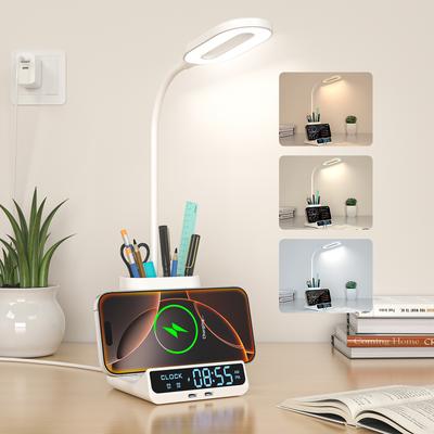 Excluded From Sale In India New Arrival 5-in-1 Multifunctional Wireless Charger Desk Lamp with Pen Holder Clock Display