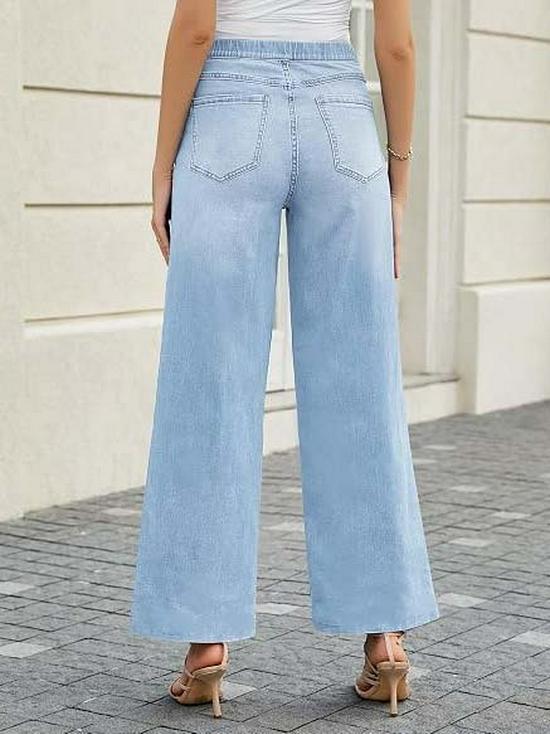 Women's High-Waisted Stretchy Wide-Leg Denim Pants, Washed, Loose Fit, Ideal for Sports and Outdoor Activities