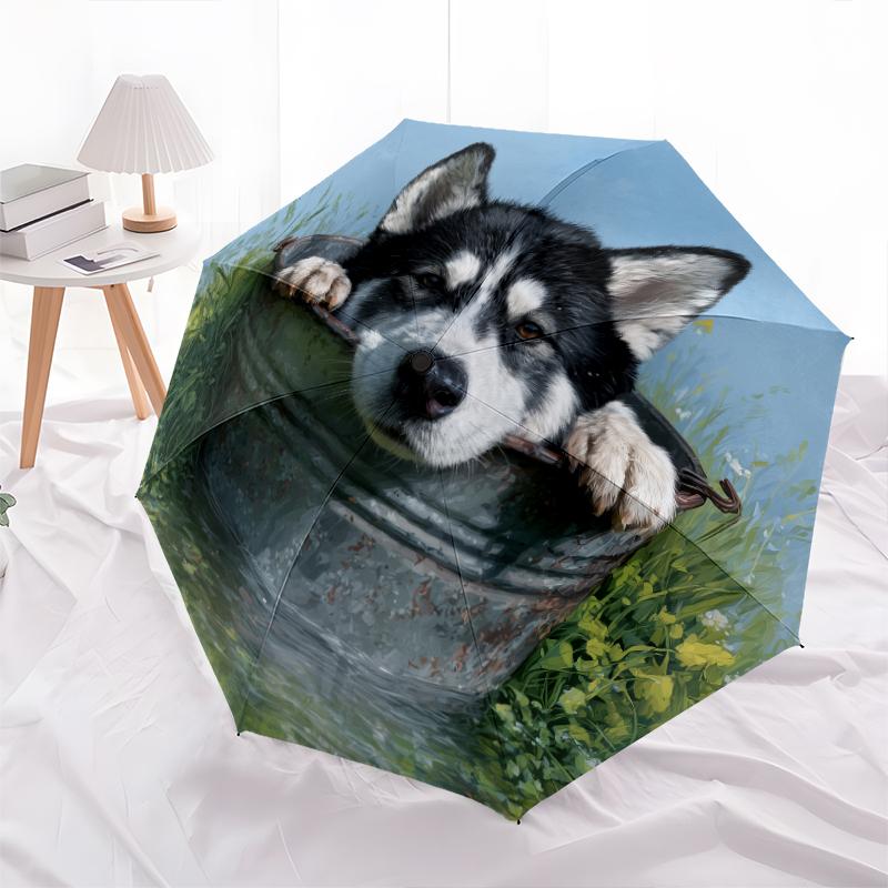 Husky and Grass pattern, automatic folding umbrella, portable and foldable design, 8 ribs, a Christmas or birthday gift.