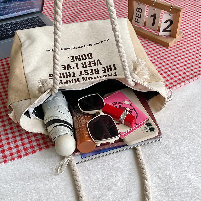Women Canvas Tote Bag Large Capacity Shoulder Crossbody Bag Casual Letter Print Handbag Rope Handle Shopping Travel Tote