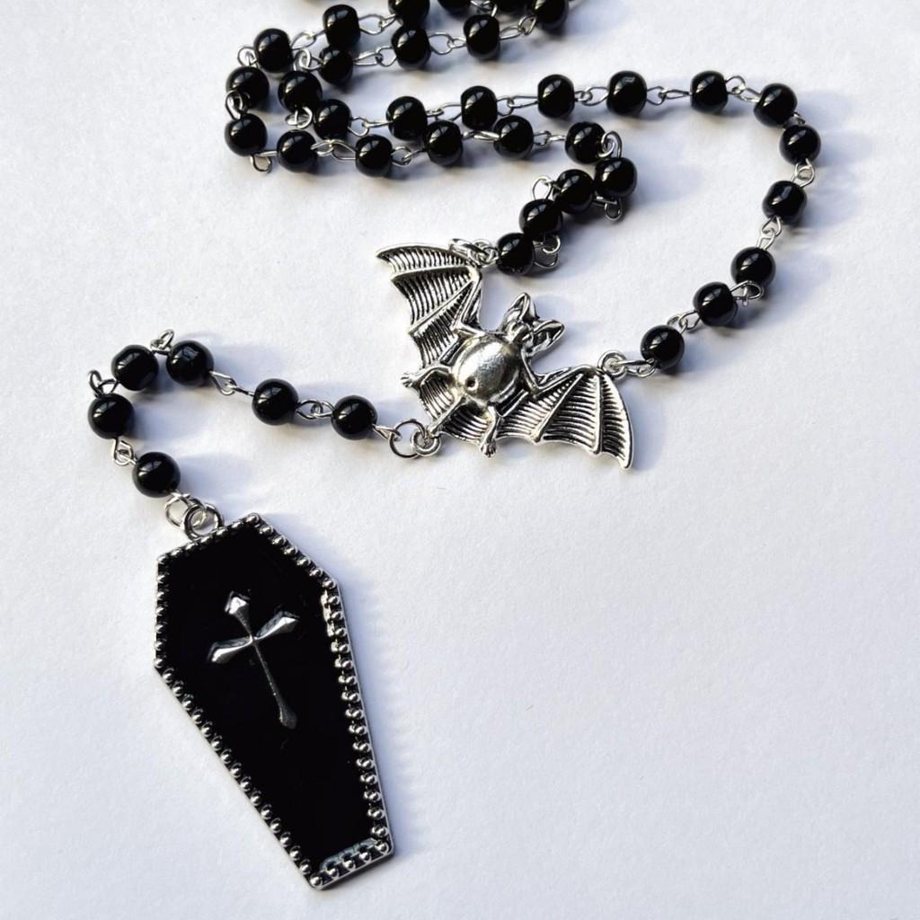Dark Y2k Goth Bat Cross Beaded Necklace With Alloy Chain For Fashion Lovers