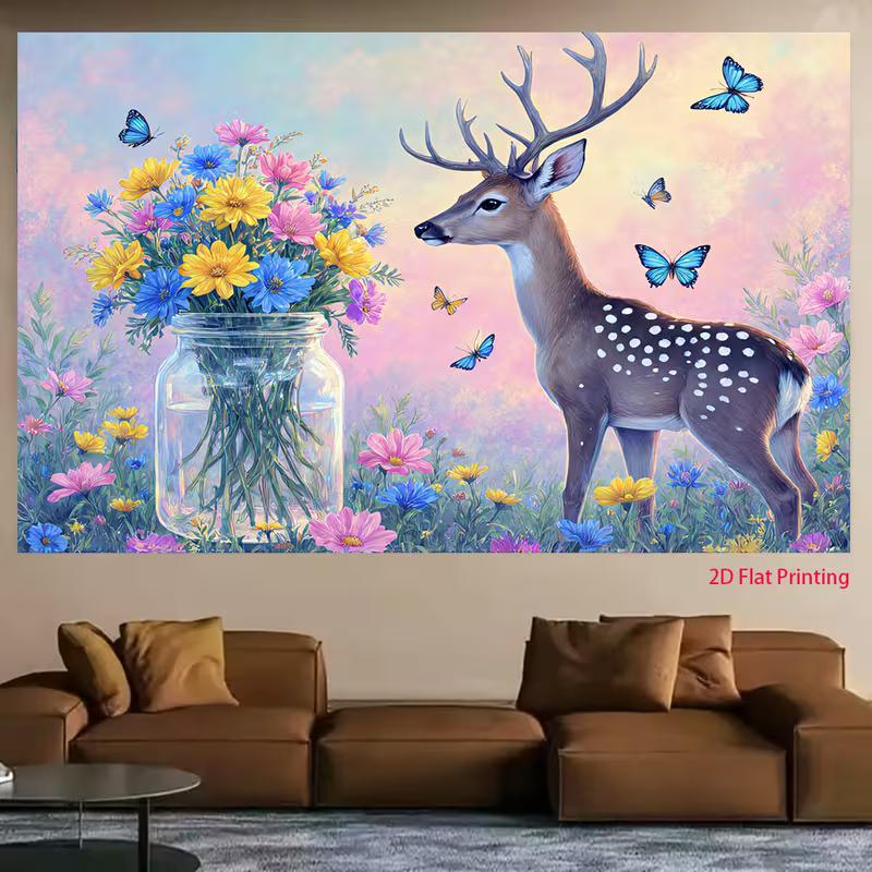 Dreamy Pastel Deer Tapestry, Whimsical Watercolor Fawn in a Wildflower Meadow with Butterflies, Soft Boho Wall Art