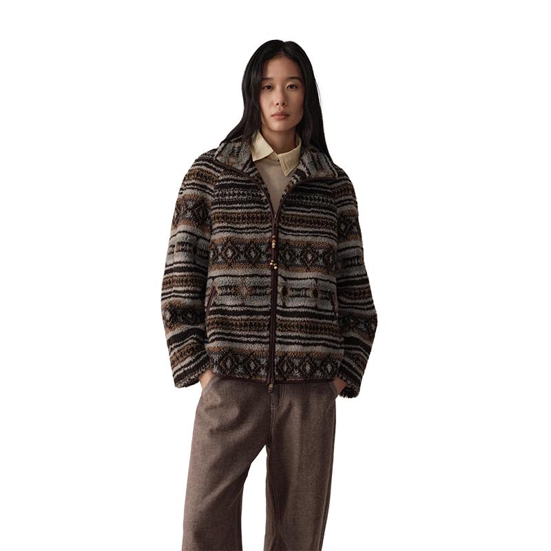 GREEN BELT Women's Retro Fair Isle Coffee-Colored Warm Coat