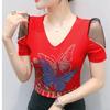 New European Brand Women's Clothes T-shirt Sexy V-Neck Luxury Butterfly Hot Diamonds Girls Tops Fashion Summer Short Sleeve Tees