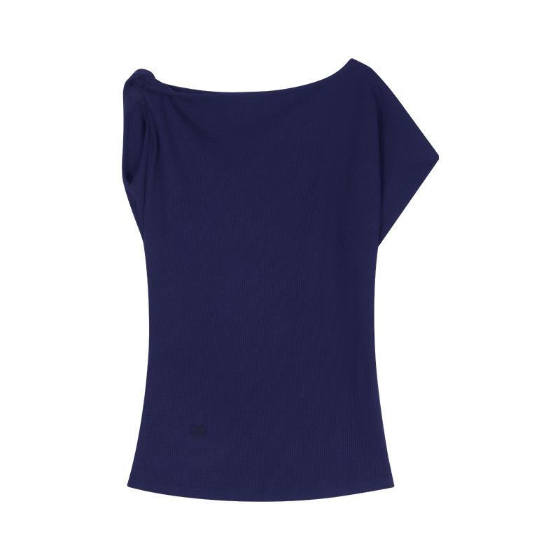 

Waffle slanted shoulder short-sleeved slim-fitting T-shirt women s summer casual and thin temperament irregular versatile top trend S