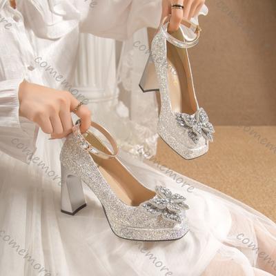 Fashion Comemore Women Pumps Rhinestone Mary Jane Women's Shoes Thick Bottom Ankle Buckle Wedding Bridal Chunky High Heels Single Shoes