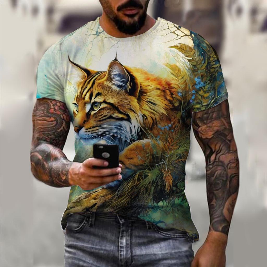 Summer Men's Summer Men's Casual T-shirt 3d Printed Lynx Bobcat Print Unisex Short-sleeved Fashion Trend Home Wear