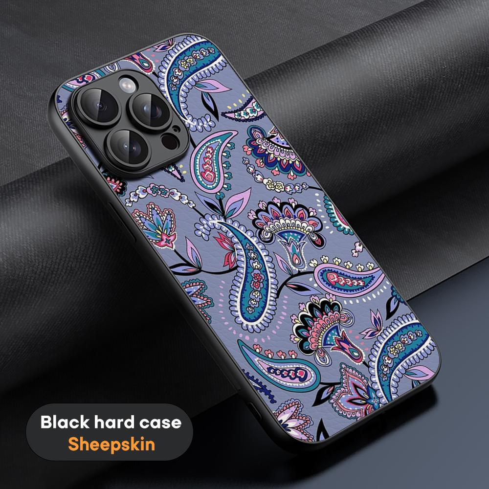 Indian Retro Luxury Fashion Pattern Design Phone Case For iPhone 16 15 14 13 12 11 Plus Pro Max Black Hard Case Sheepskin