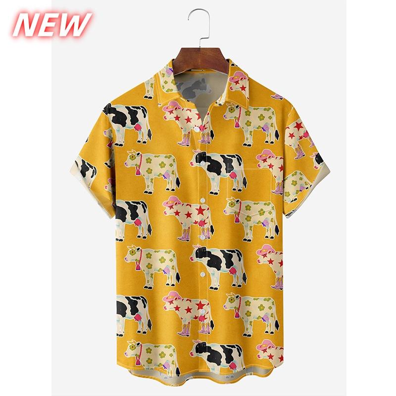 Cute Cat Cow Pattern Hawaiian Shirt For Men Fun Animal 3D Print Beach Casual Aloha S