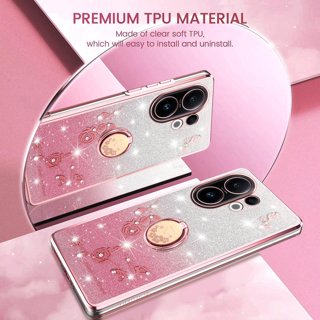 KADEM Für vivo S30 5G Hülle Ring Ständer TPU Blumen Handyhülle Gradient Glitzer