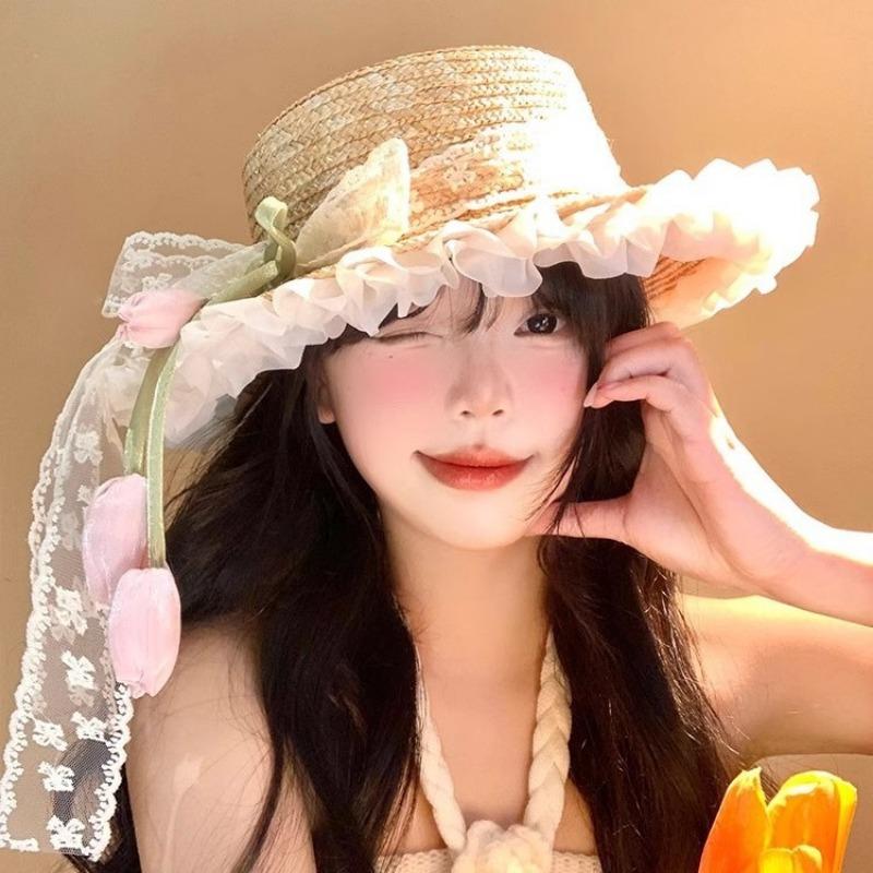 Lace Bow Tulip Straw Hat Women's Summer Seaside Beach Vacation Sun Hat Shade Sun Protection Hat