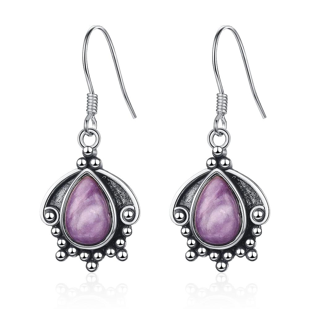QIBAOKU Silver Drop Earrings 7X9MM Natural Amethyst Charoite Vintage for Women Party Anniversary Gifts Wholesale