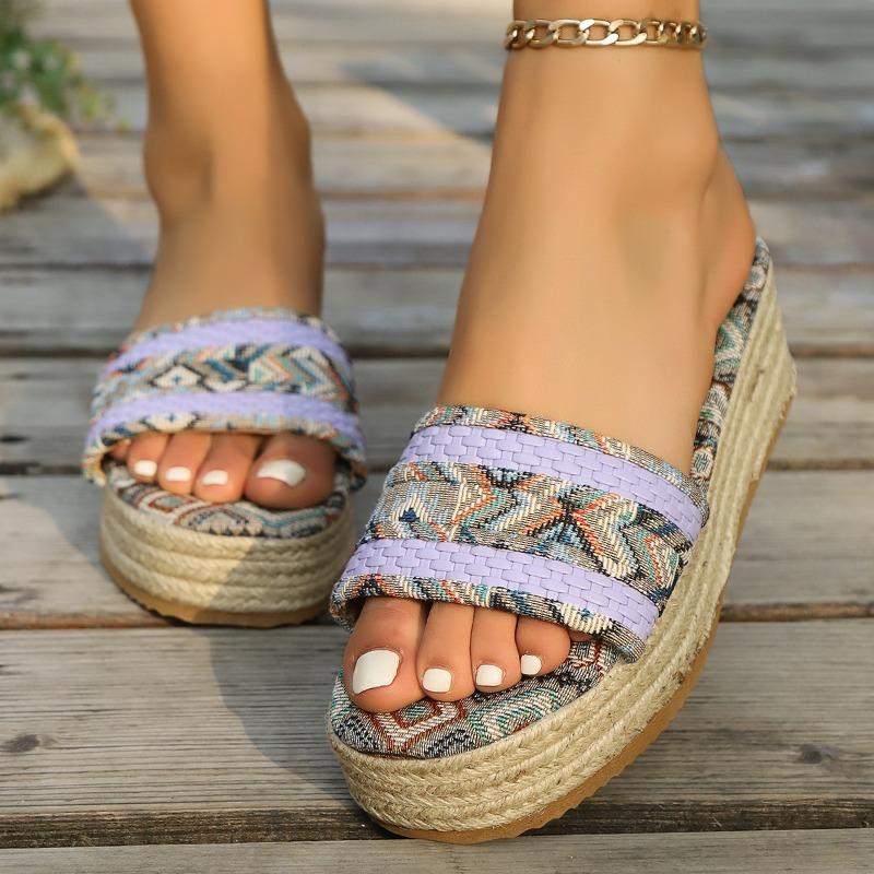 Women's Wide Width Ethnic Style Platform Slides - Jute Wedge Sole Color Block Sandals for Summer, Bohemian Mules