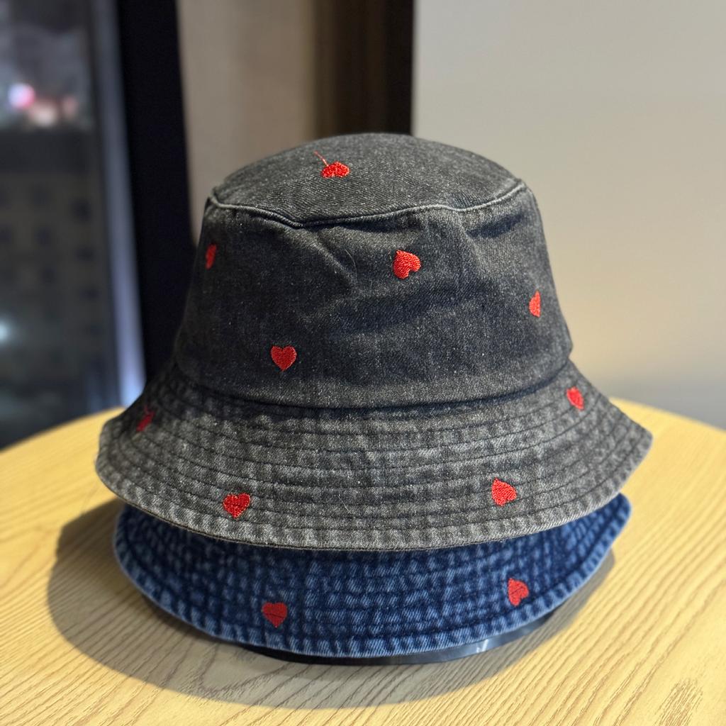 Spring and summer versatile heart-embroidered blue denim bucket hat for women, with wide brim that makes the face look smaller, provides sun