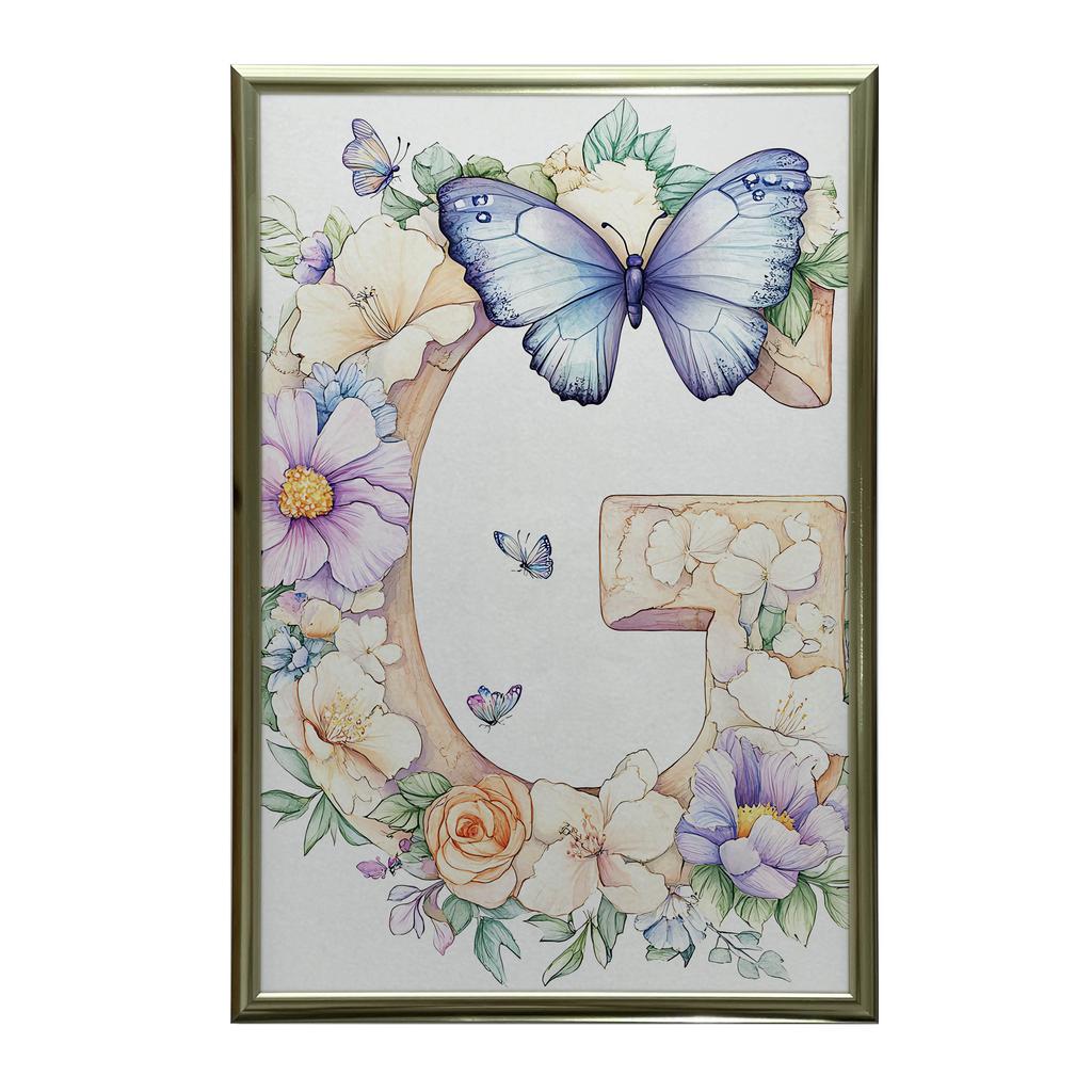 Plakat Z Literą G W Kwiatach I Motylach Plakat Z Literą G W Kwiatach I Motylach, 50X70 Cm, Rama Aluminiowa Czarna, Papier Matowy 230 Gsm