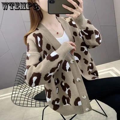 Cárdigan de punto para mujer, primavera y otoño, manga larga, estampado de leopardo, jacquard, cuello en V, suéter coreano holgado para mujer