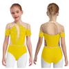 Kids Figure Skating Wear Short Sleeve Leotard Cutout Back Sheer Mesh Patchwork Shiny Rhinestones