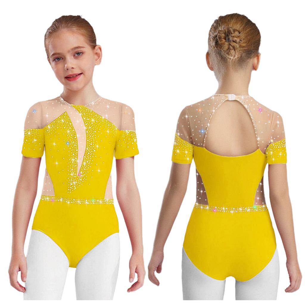 Kids Figure Skating Wear Short Sleeve Leotard Cutout Back Sheer Mesh Patchwork Shiny Rhinestones