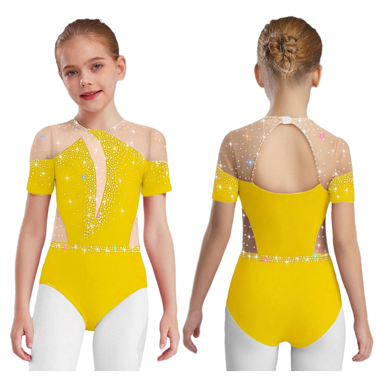 

Комбинезон для фигурного катания для девочек с коротким рукавом, вырезом на спине, вставками из прозрачной сетки, пэчворком и блестящими стразами 5-6 Years жёлтый