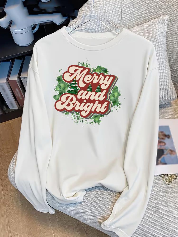 (Asian Size) plaid trend cute Print T Shirt Christmas new year Graphic Tee Women autumn winter Casual Fashion Top Clothing Long Sleeve T-shirts