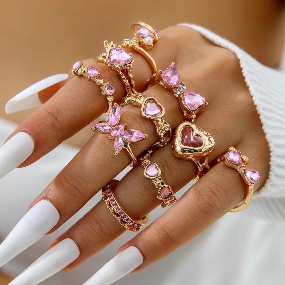 10Pcs/Set Bow Design Heart Butterfly Rings Gold Silver Color Mix Style Rings Korean Style