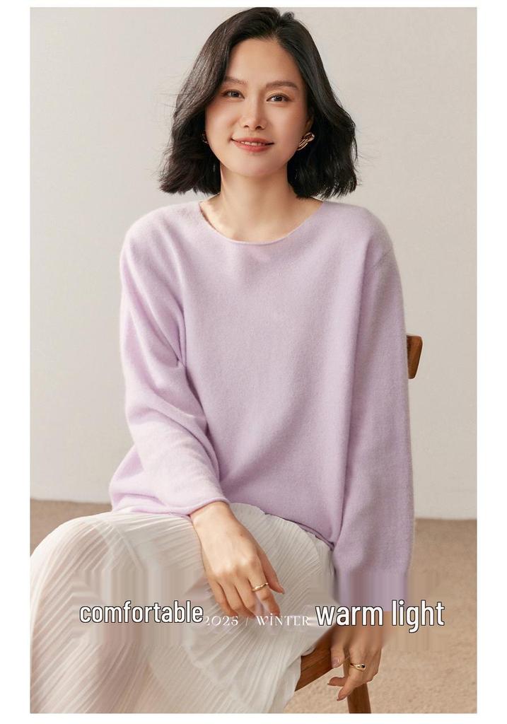 Women's Round Neck Cashmere Sweater - 2026 Autumn/Winter Korean Style Knit, Rolled Edge, Loose Fit, Warm Base Layer.