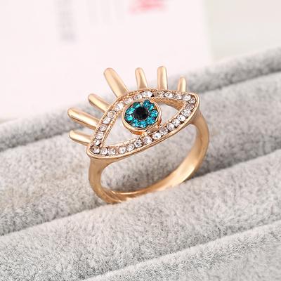 Refined Retro Big Blue Eye Long Eyelashes Diamond Ring Glisten Jewelry Accessories Girls Gift