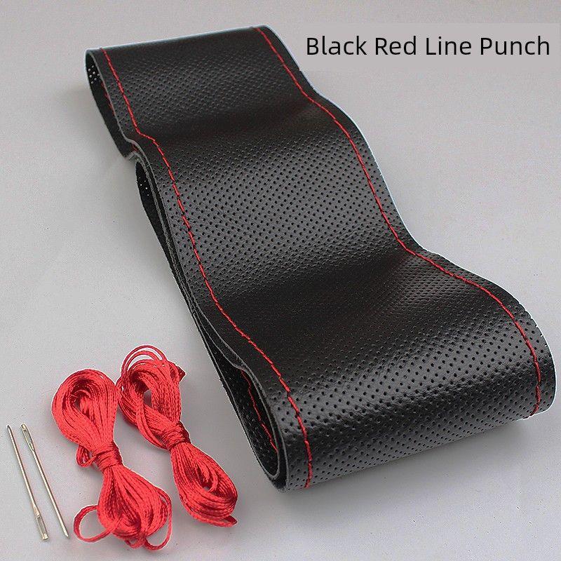 

The New Cars Steering Wheel Cover Leather Hand Sewing Men s Four Seasons Universal Volkswagen Leather Cover Truck Cowhide Non-Slip Handle Cover Black with red stitching, perforated