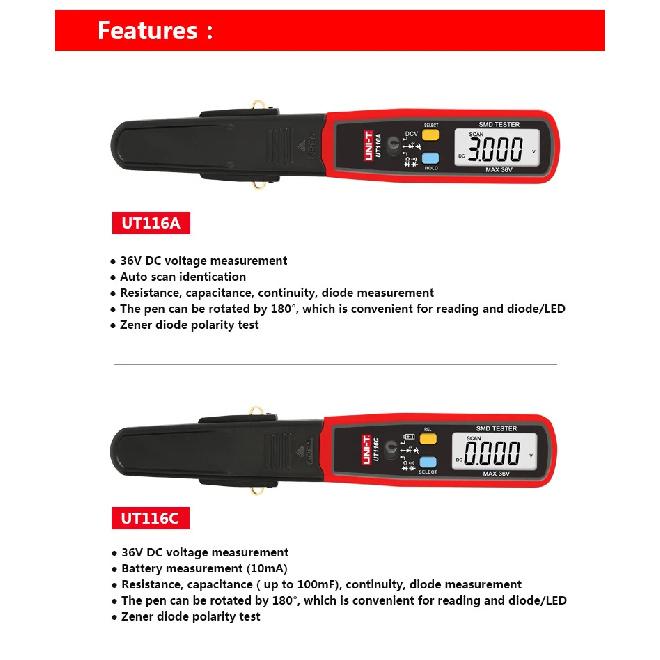 UNI-T SMD Multimeter UT116A UT116C Auto Range Micro Tweezers for Electronic Components LED Digital Tweezers Smart SMD Tester