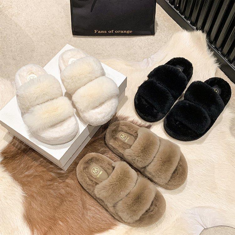 Real Rabbit Hair Thick Bottom Fluffy Slippers Women Wear 2025 New Autumn and Winter Internet Celebrity Fluffy Premium Cotton Slippers
