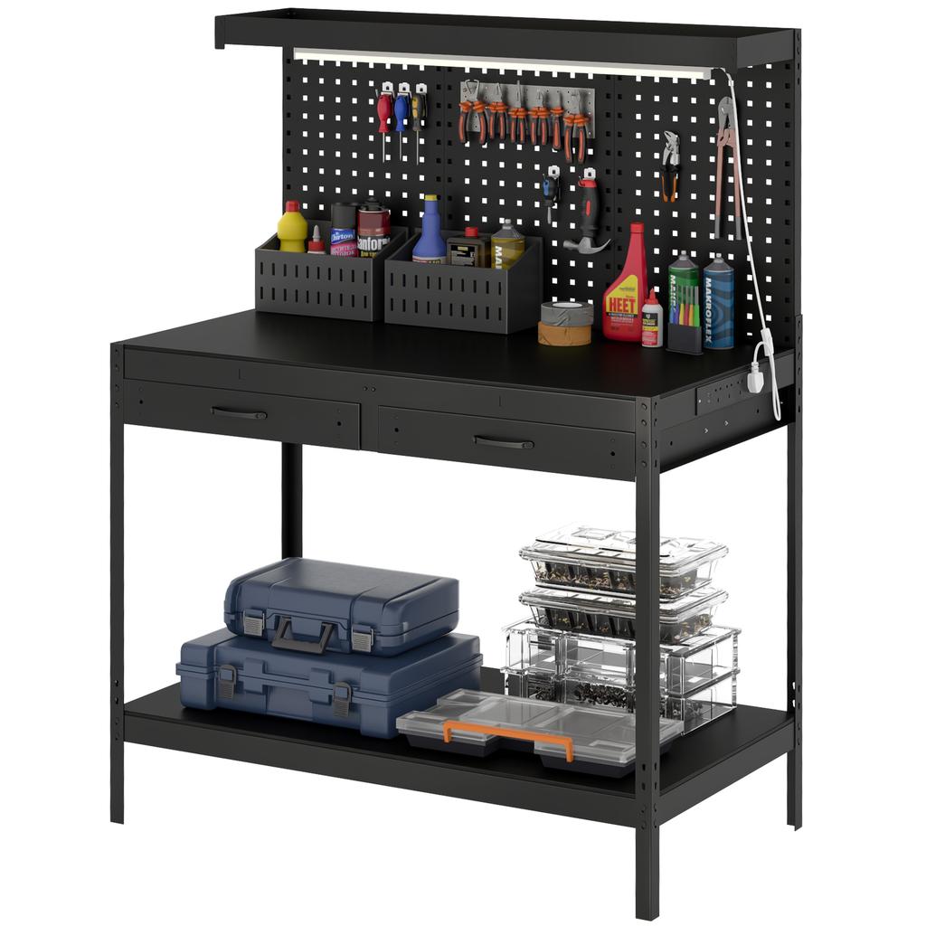 110 cm Workbench with Pegboard, Heavy Duty Work Table with Power Strip and LED Light, Black