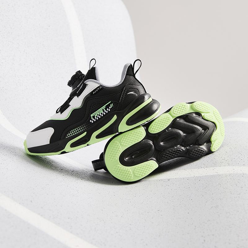 Anta Kids Synthetic Leather Trendy Versatile Lightweight Shock Absorbing Low Top Running Shoes Kids sneaker Black White Green A12439919N-1