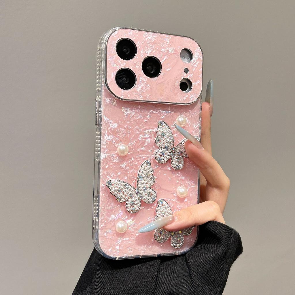 Hoesje voor iPhone 17 16 15 14 13 Pro Max Doe-het-zelf Parel Vlinder beschermhoes volledige dekking Schokbestendig Anti-vingerafdruk
