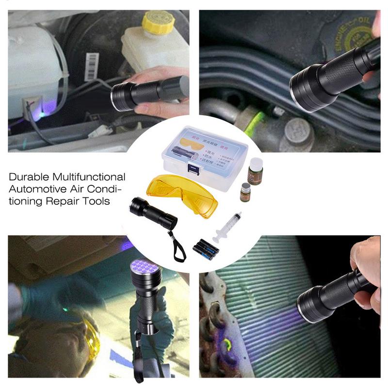 Car R134A R12 Air Conditioning A/C System Leak Test Detector Kit 28 LED UV Flashlight Protective Glasses UV Dye Tool Set