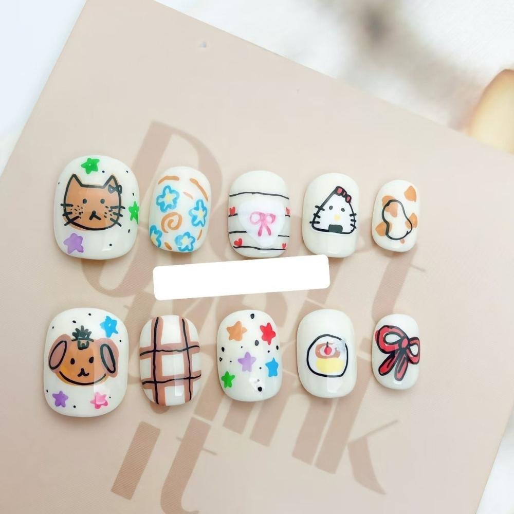 Cartoon Rilakkuma Short Square Round Handmande False Nails Cute Animal Bear Cat Dog Strawberry Bow Press On Nails Christmas Gift