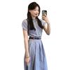 Large Size French Blue Striped Shirt Dress Summer Fat MM Literary Retro POLO Collar Thin Waist Dress