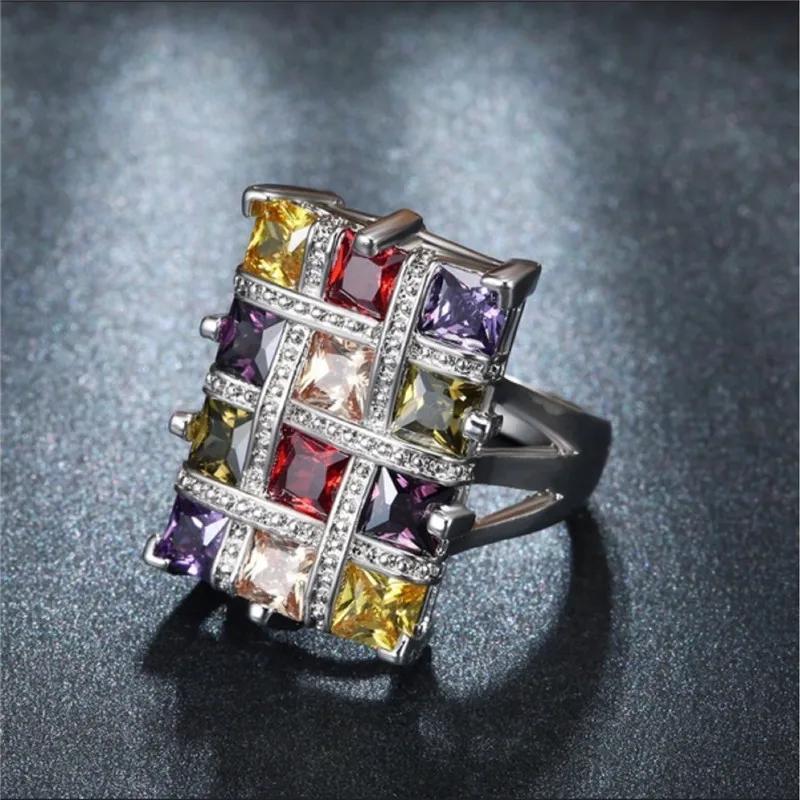 New Square Colour Crystal Big Rings For Women Zircon Ring Female Geometric Large Wedding Ring