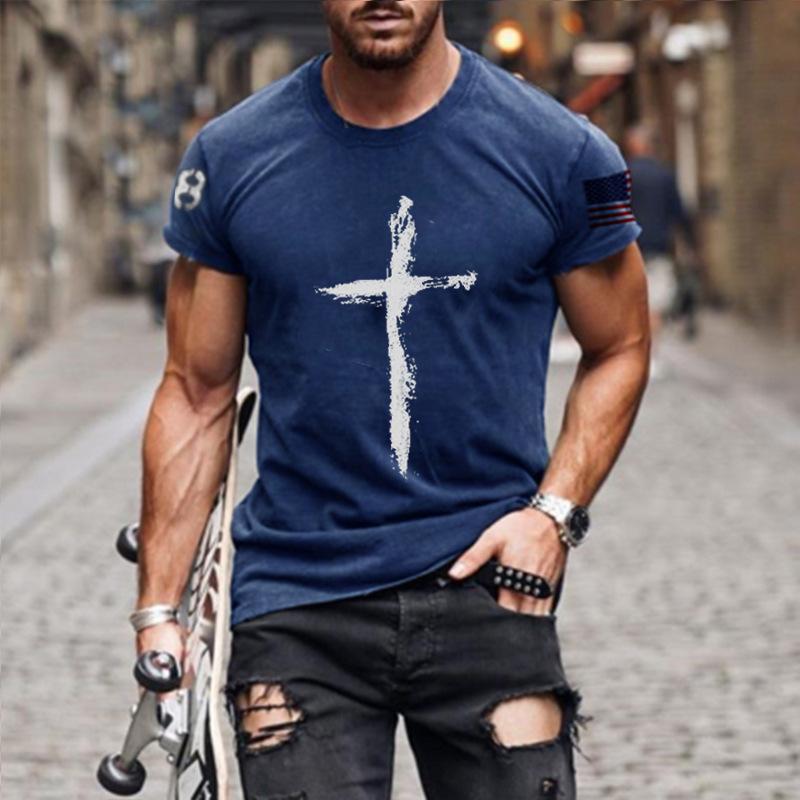 2024 Summer Retro Cross Pattern New Short Sleeved Round Neck Printed Men's T-shirt