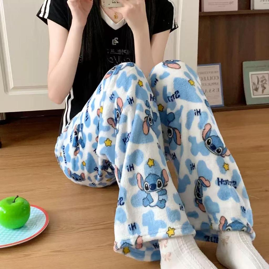 Pantalones de Dormir de Franela de Gato de Dibujos Animados de Halloween - Ropa de Casa Cálida de Terciopelo para Mujer para Otoño/Invierno