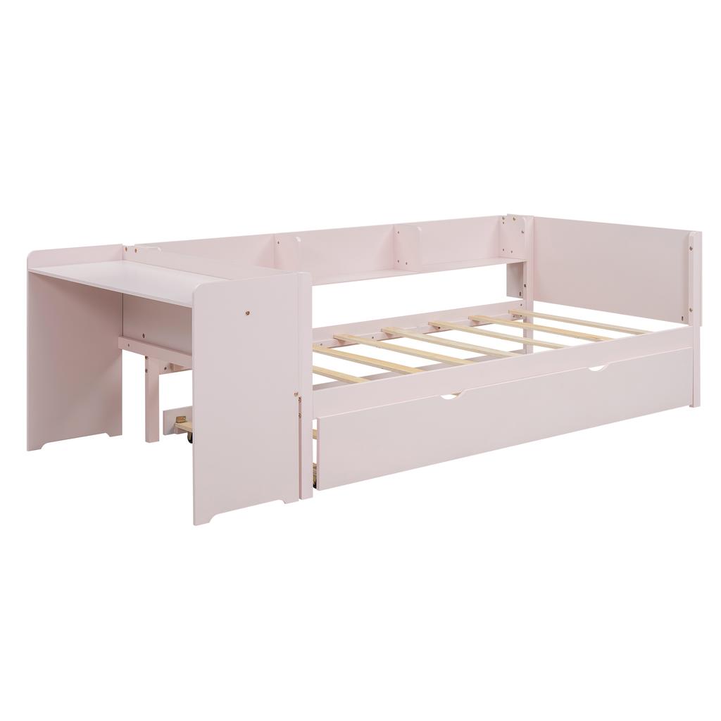 Low Bed 90*200cm, with Pull-out Bed, with Desk, Three Shelves on the Side of the Bed, Pink