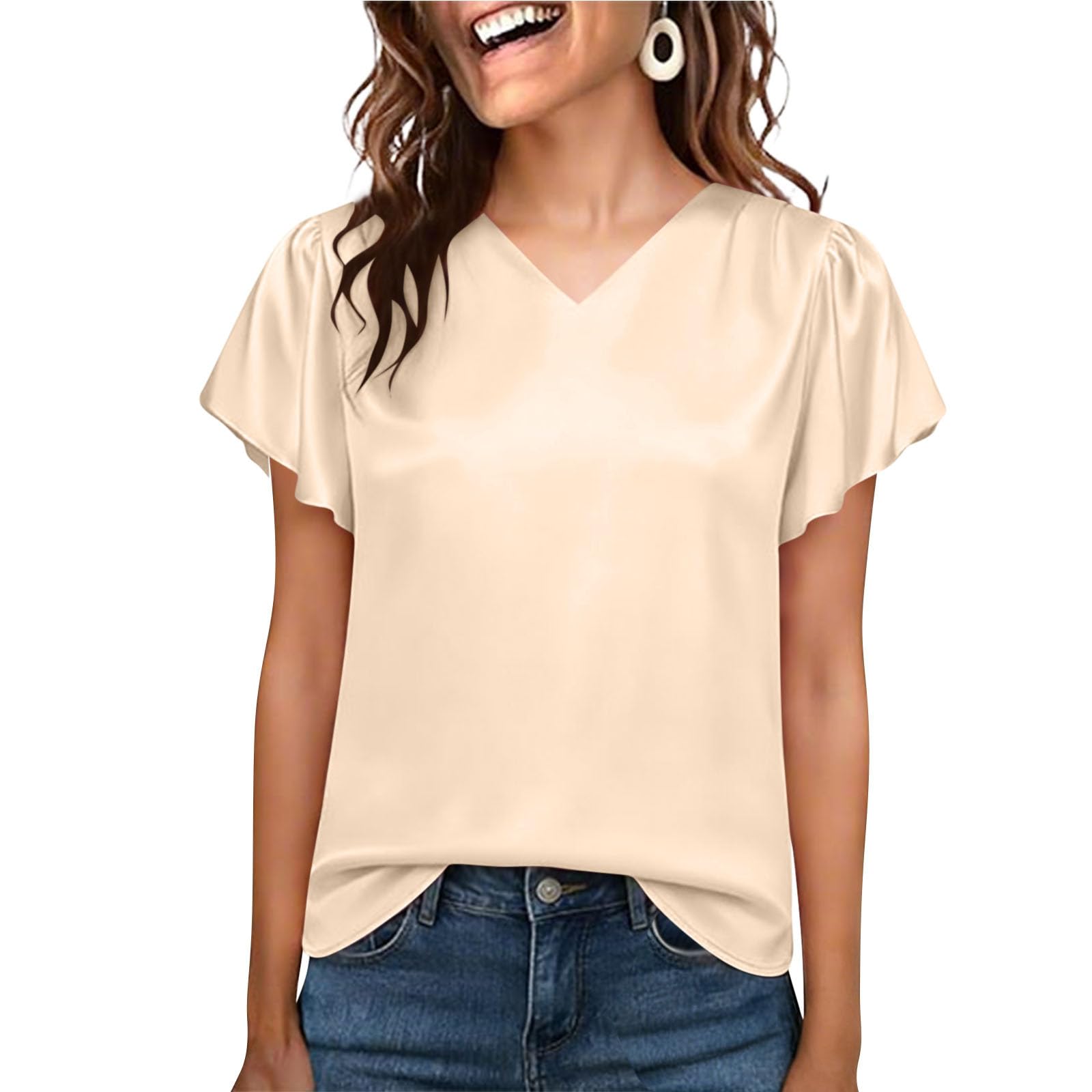 Women s Fashionable Color V Neck Pleated Loose Ruffle Edge Short Sleeved Shirt Top XXL