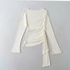 Women's One Shoulder Asymmetric Long Sleeve T Shirt Lace Side Sheer Irregular Hem Casual Blouse