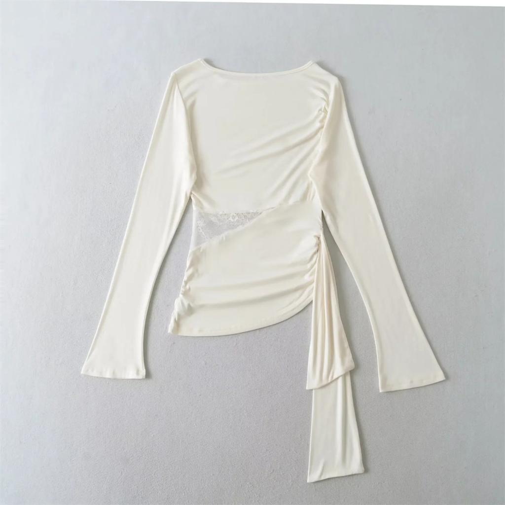 Women's One Shoulder Asymmetric Long Sleeve T Shirt Lace Side Sheer Irregular Hem Casual Blouse