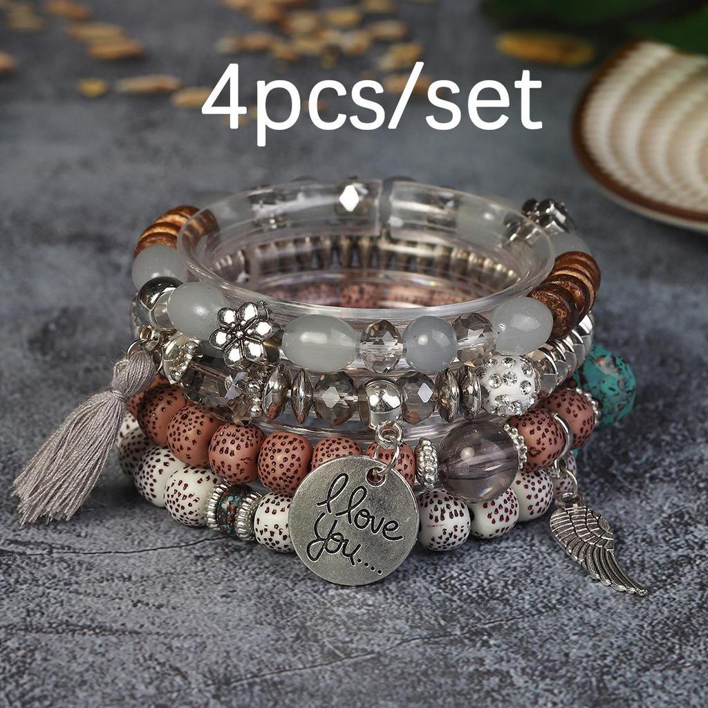 Bohemian Beaded Bracelet Set with Wing Pendant and Tassels