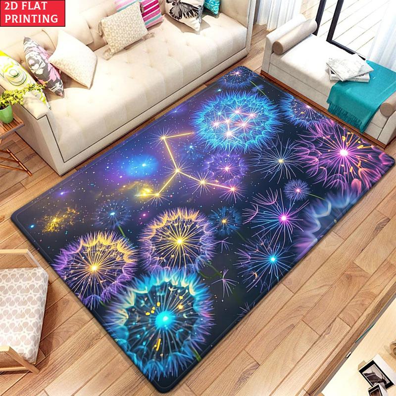 Glowing Dandelion Galaxy Area Rug, Neon Constellation Carpet for Living Room, Non-slip Starry Sky Floor Mat for Bedroom Decor