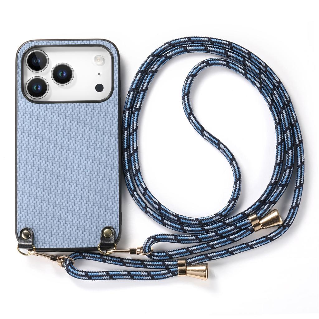 For iPhone 17 Pro Case Carbon Fiber Texture PU+PC+TPU Anti Drop Phone Cover with Crossbody Lanyard