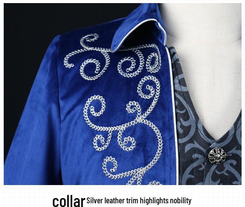 Men's Silver-Edged Medieval Tailcoat Costume, Retro Mid-Length Style