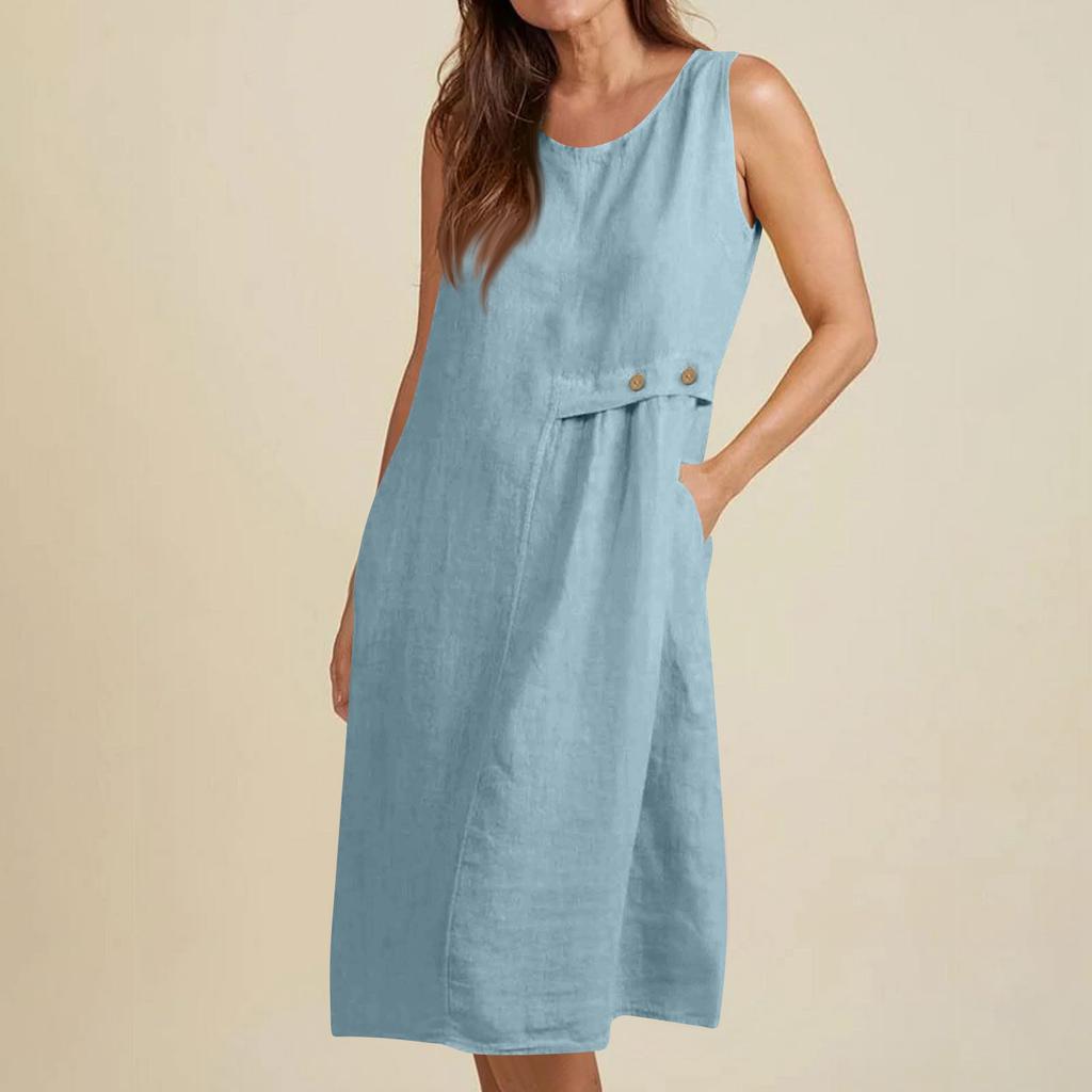 Women's Fashionable Solid Color Round Neck Button Pocket Loose Sleeveless Vest Dress